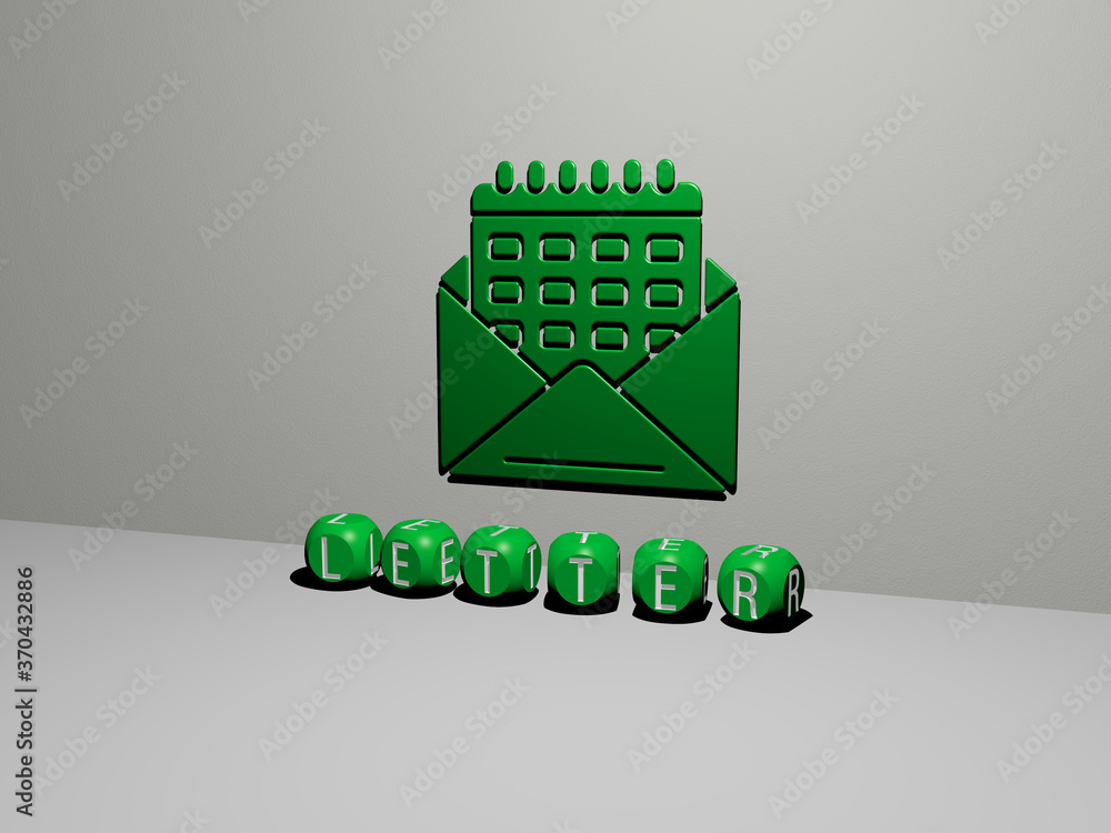 Poster 3d graphical image of letter vertically along with text built by metallic cubic letters from the top