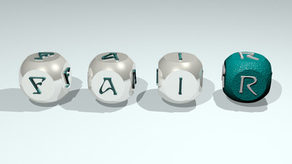 crosswords of business promotion beauty: FAIR arranged by cubic letters on a mirror floor, concept meaning and presentation. background and editorial