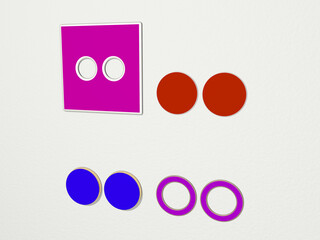 flickr from a perspective on the wall. A thick sculpture made of metallic materials of 3D rendering. social and editorial