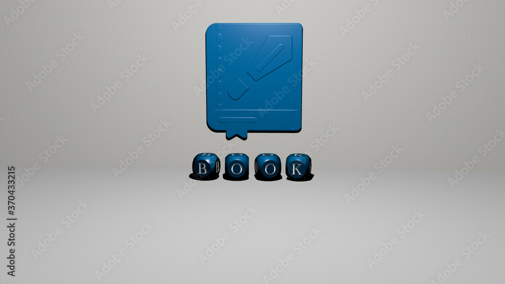 Poster 3d graphical image of book vertically along with text built by metallic cubic letters from the top p