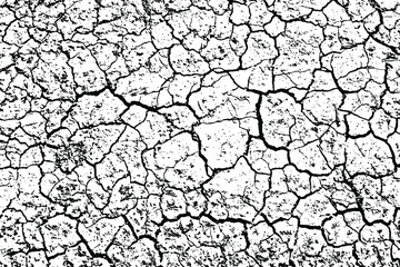 Grunge natural texture of cracked soil. Monochrome background of dried desert ground with cracks, spots, noise and grain. Overlay template. Vector illustration