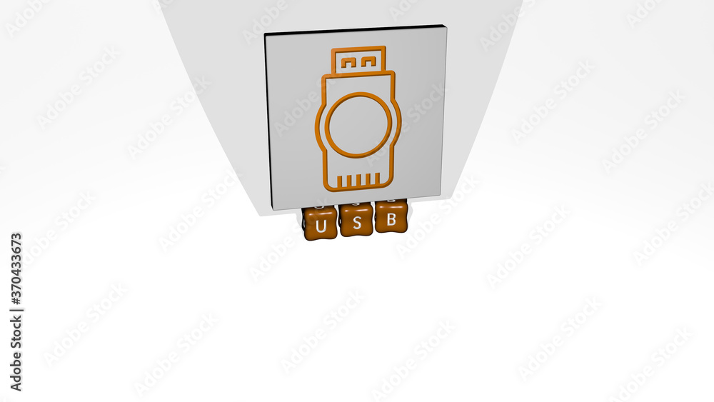 Poster 3d representation of usb with icon on the wall and text arranged by metallic cubic letters on a mirr