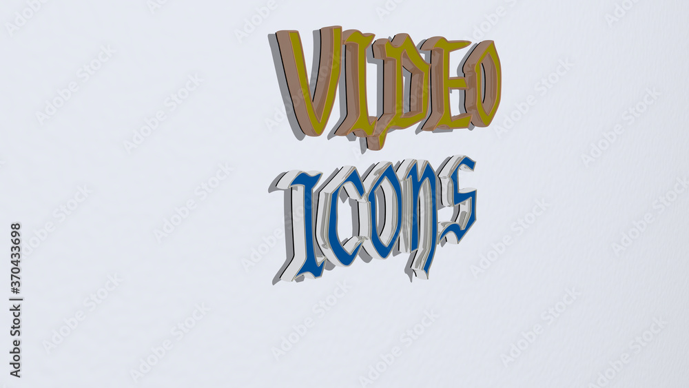 Fototapete 3d illustration of video icons graphics and text made by metallic dice letters for the related meani
