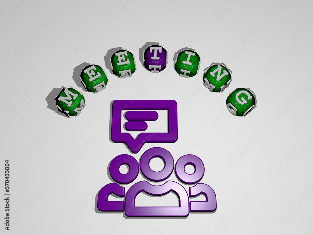 Aufkleber 3d illustration of meeting graphics and text around the icon made by metallic dice letters for the r