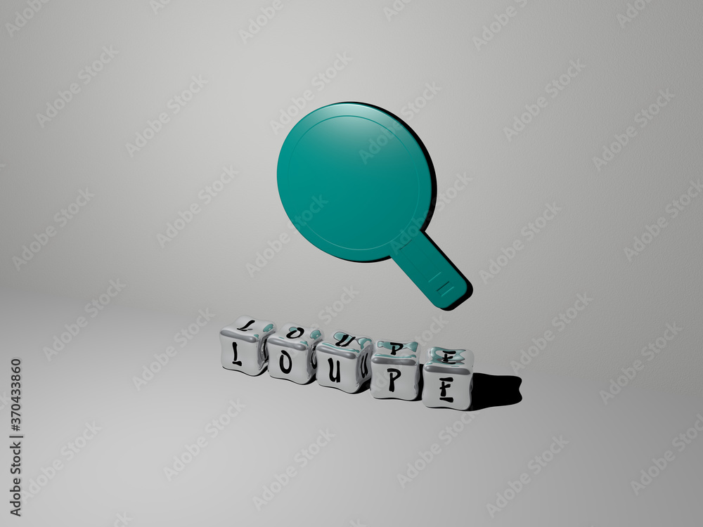 Poster 3d graphical image of loupe vertically along with text built by metallic cubic letters from the top 