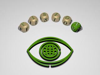 3D graphical image of vision vertically along with text built around the icon by metallic cubic letters from the top perspective, excellent for the concept presentation and slideshows. illustration