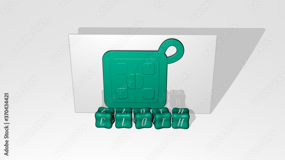 Poster 3d representation of cloth with icon on the wall and text arranged by metallic cubic letters on a mi