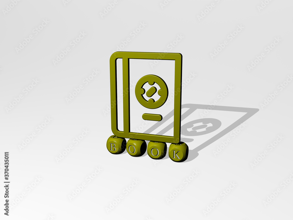 Aufkleber 3d graphical image of book vertically along with text built by metallic cubic letters from the top p