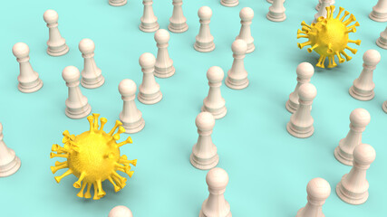 yellow virus and wood chess for  coronavirus content 3d rendering