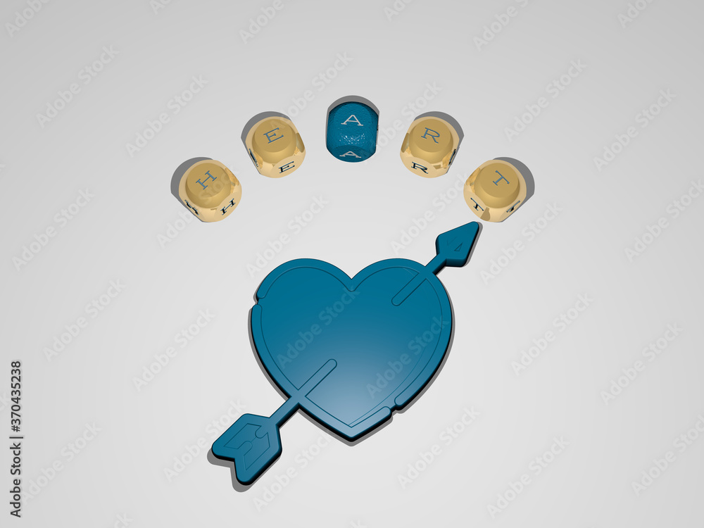 Poster 3d representation of heart with icon on the wall and text arranged by metallic cubic letters on a mi