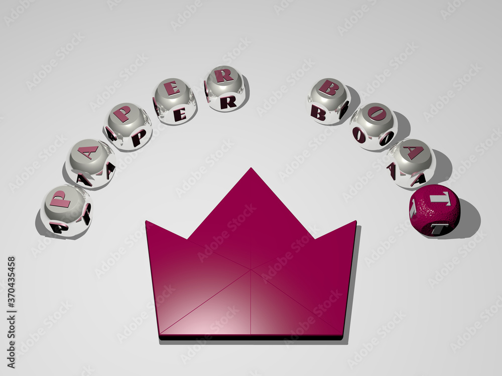 Poster 3d illustration of paper boat graphics and text around the icon made by metallic dice letters for th
