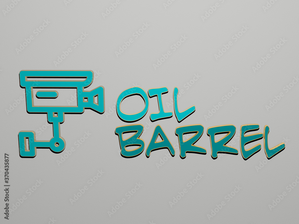Poster 3d graphical image of oil barrel vertically along with text built by metallic cubic letters from the