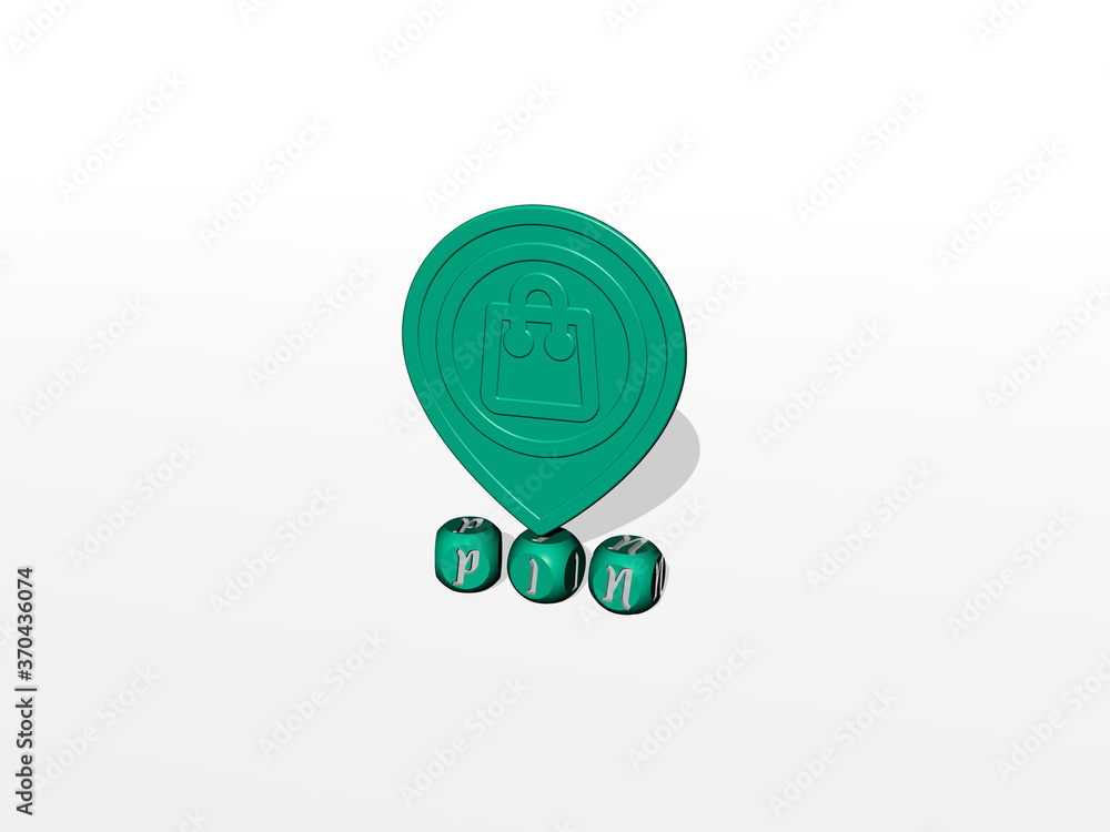 Poster 3d representation of pin with icon on the wall and text arranged by metallic cubic letters on a mirr