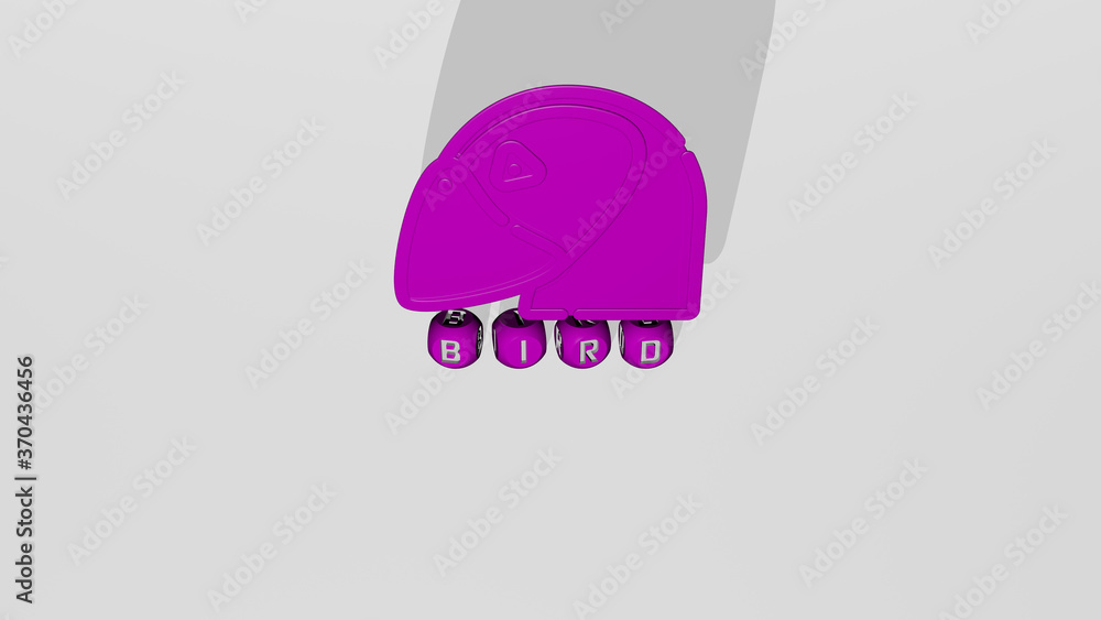 Poster 3d representation of bird with icon on the wall and text arranged by metallic cubic letters on a mir