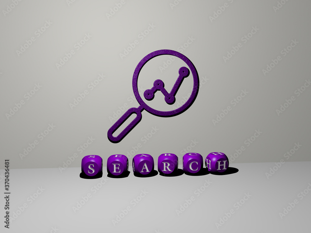 Poster 3d illustration of search graphics and text made by metallic dice letters for the related meanings o