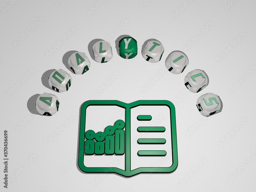 Poster 3d graphical image of analytics vertically along with text built around the icon by metallic cubic l