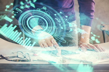 Double exposure of man's hands holding and using a phone and international business theme drawing.