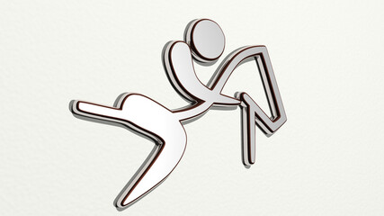 MAN ON HORSE SYMBOL on the wall. 3D illustration of metallic sculpture over a white background with mild texture. animal and beautiful