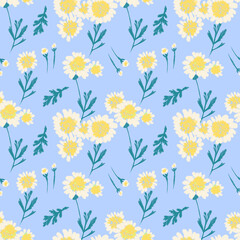 Fototapeta na wymiar Seamless pattern with small white chrysanthemums, twigs and leaves on a blue background. Endless decorative botanical wallpaper.