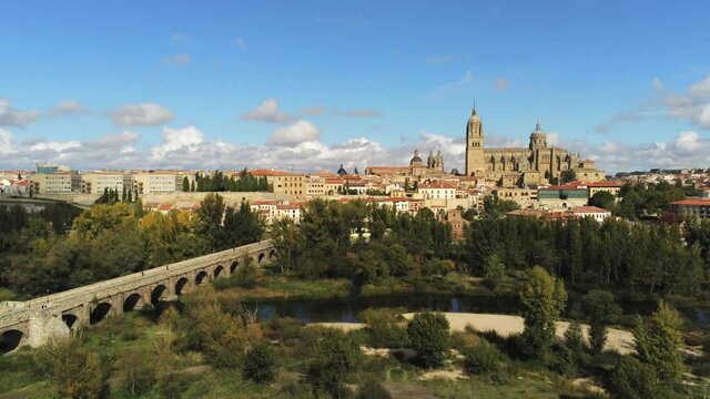 Cathedral of Salamanca, historical city of Spain. Aerial Drone Footage