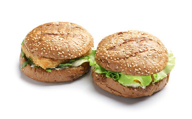 Tasty vegan burgers on white background