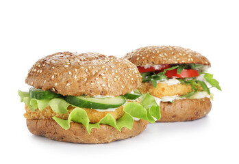 Tasty vegan burgers on white background