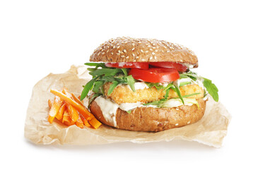 Tasty vegan burger on white background