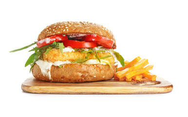 Tasty vegan burger on white background
