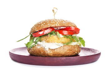 Tasty vegan burger on white background