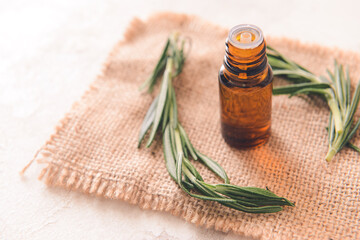 Bottle of rosemary essential oil on light background