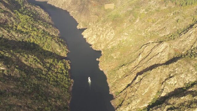 Boat in Sil River Canyon. Landscape in Ribeira Sacra. Galicia,Spain. Aerial Drone Footage
