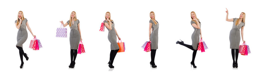 Woman after shopping isolated on white