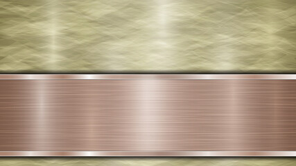 Background consisting of a golden shiny metallic surface and one horizontal polished bronze plate located below, with a metal texture, glares and burnished edges