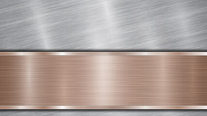 Background consisting of a silver shiny metallic surface and one horizontal polished bronze plate located below, with a metal texture, glares and burnished edges