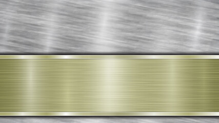 Background consisting of a silver shiny metallic surface and one horizontal polished golden plate located below, with a metal texture, glares and burnished edges