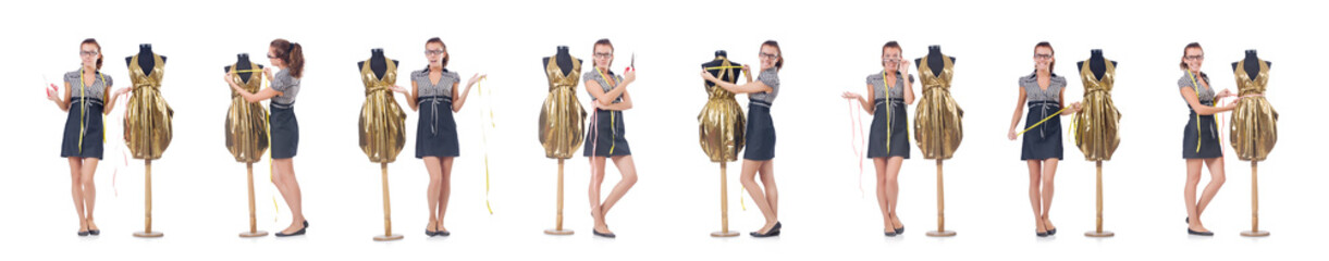 Woman tailor working on white background