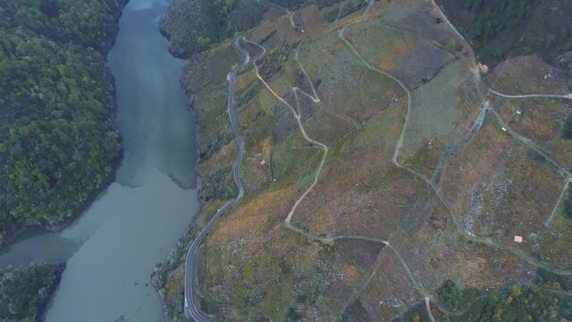 Mountain River Canyon. Parada del Sil. Ribeira Sacra. Galicia,Spain. Aerial Drone Footage