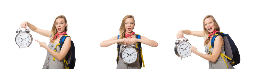 Woman student missing deadlines isolated on white