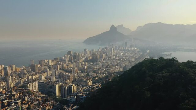 Aerial View Of Cantagalo Hill, Ipanema And Rio De Janeiro Mountain Skyline, Sunset