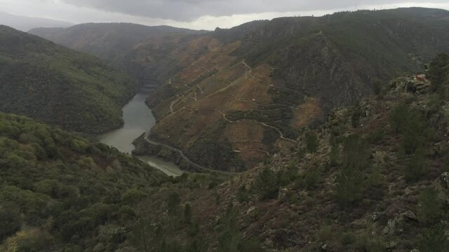 Mountain River Canyon. Parada del Sil. Ribeira Sacra. Galicia,Spain. Aerial Drone Footage