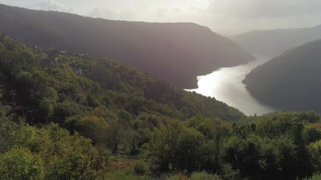Mountain River Canyon. Parada del Sil. Ribeira Sacra. Galicia,Spain. Aerial Drone Footage