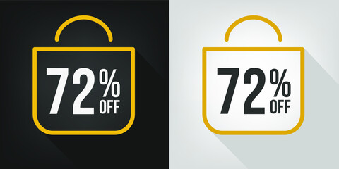 72% off. Black, white and yellow banner with seventy-two percent discount. Shopping bag concept vector.