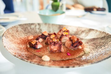 Delicious plate with grilled octopus with sauce