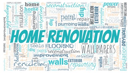 Home renovation word cloud isolated on a white background.