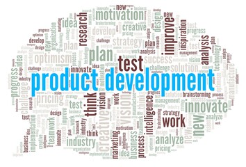 Obraz premium Product development word cloud isolated on a white background.