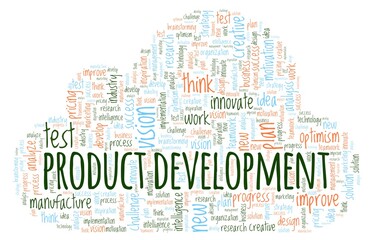 Product development word cloud isolated on a white background.