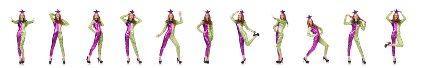 Woman wearing clown costume isolated on white