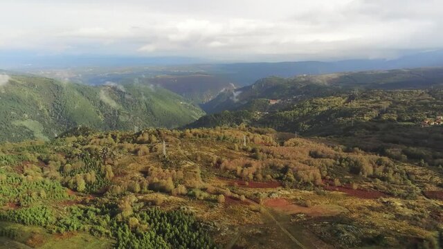 Aerial View of mountains in Ribeira Sacra. Galicia,Spain. Drone Footage