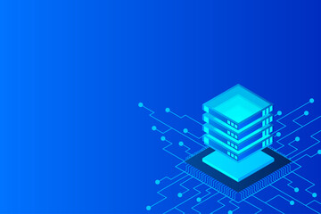 Mainframe, powered server, high technology concept, data center, cloud data storage isometric vector illustration ultraviolet background