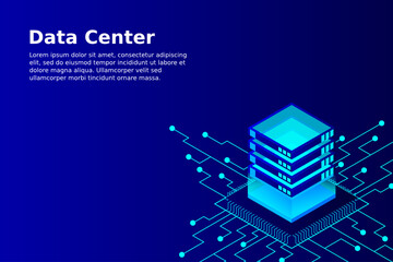 Mainframe, powered server, high technology concept, data center, cloud data storage isometric vector illustration ultraviolet background